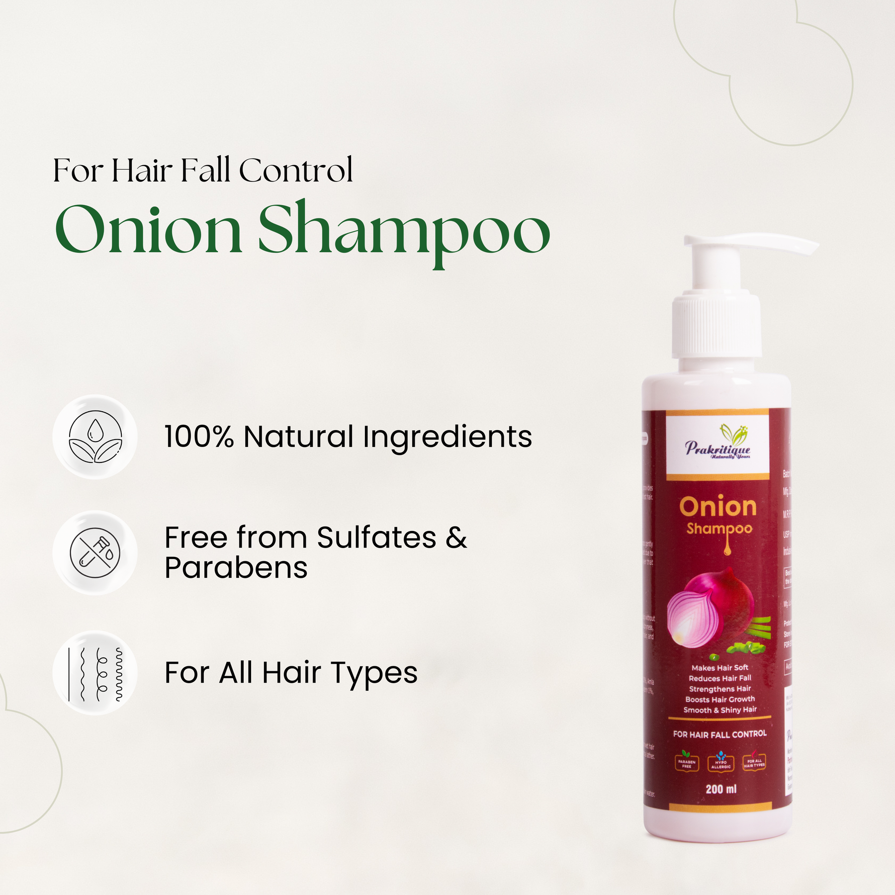 Prakritique Onion Anti-Hairfall Shampoo Nourishes Scalp & Stimulates Roots|Reduces Hairfall & Breakage|Repairs Damaged Hair|Boosts Hair Thickness (200ml)